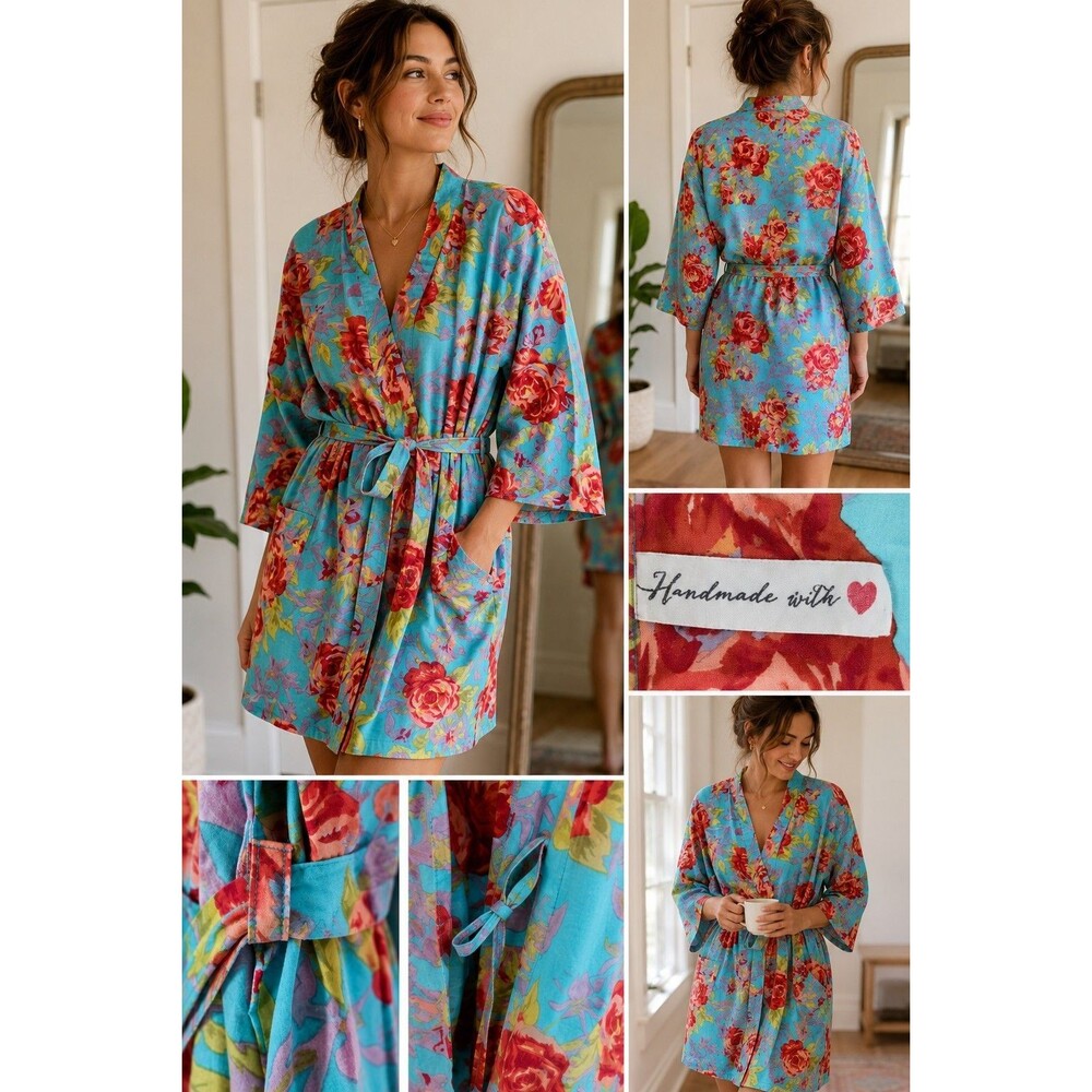 Boutique Handmade Women L Intimate Robe Kimono Cotton Romantic Cottagecore Boho